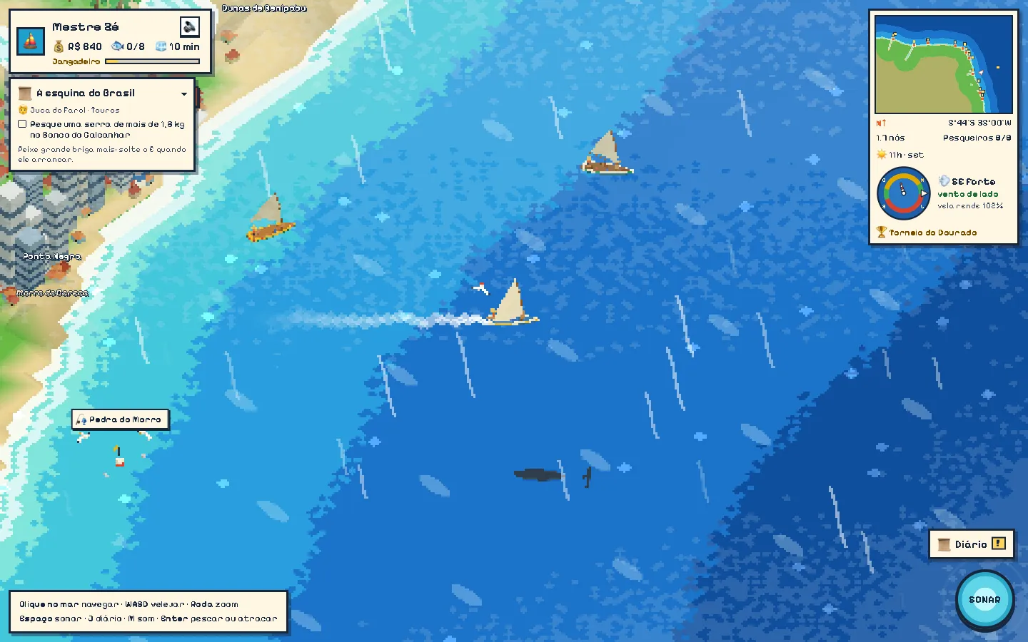 Mapa do jogo: a jangada velejando perto de Ponta Negra, com a biruta no canto
